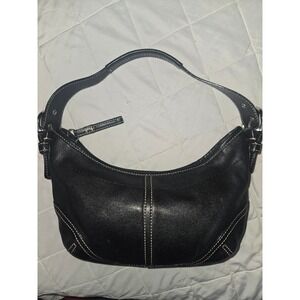 Coach Black Leather Hobo Shoulder Bag White Contrast Stitch Silver Buckle Y2K